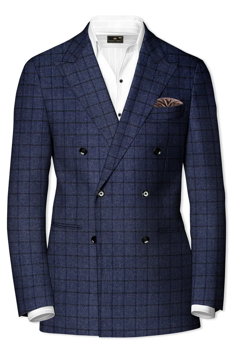 Ebony Clay Blue Windowpane Tweed Double Breasted Blazer 2