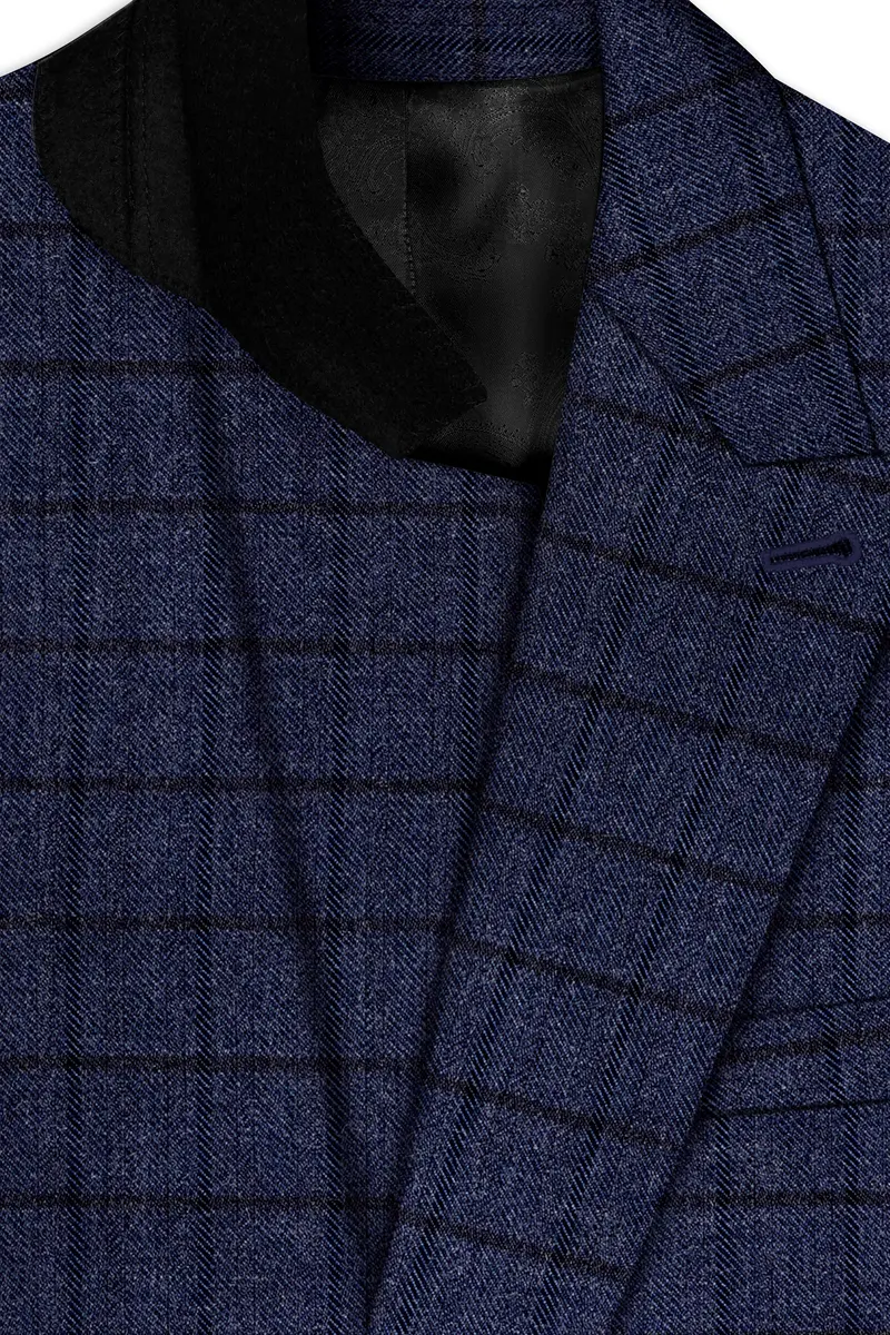 Ebony Clay Blue Windowpane Tweed Double Breasted Blazer 4