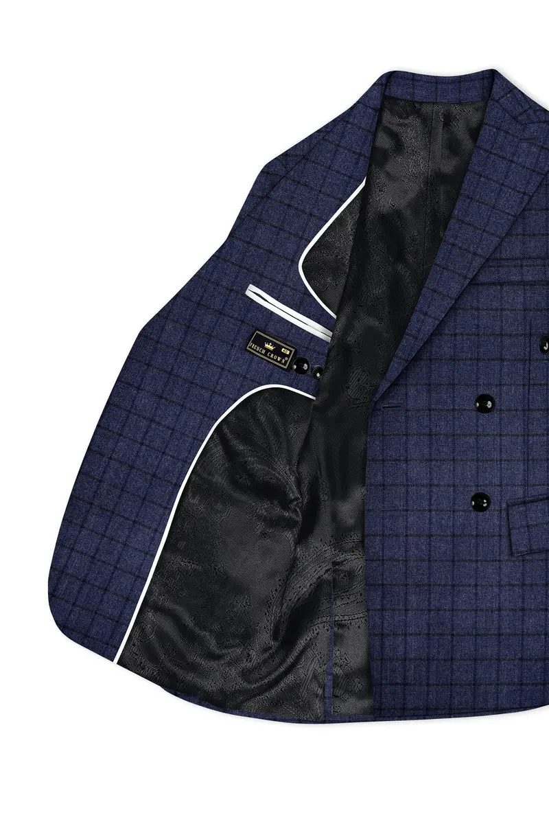 Ebony Clay Blue Windowpane Tweed Double Breasted Blazer 5