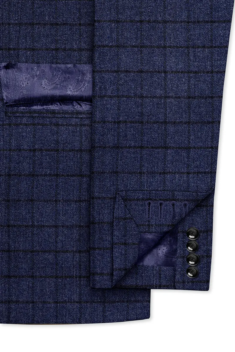Ebony Clay Blue Windowpane Tweed Double Breasted Blazer 6