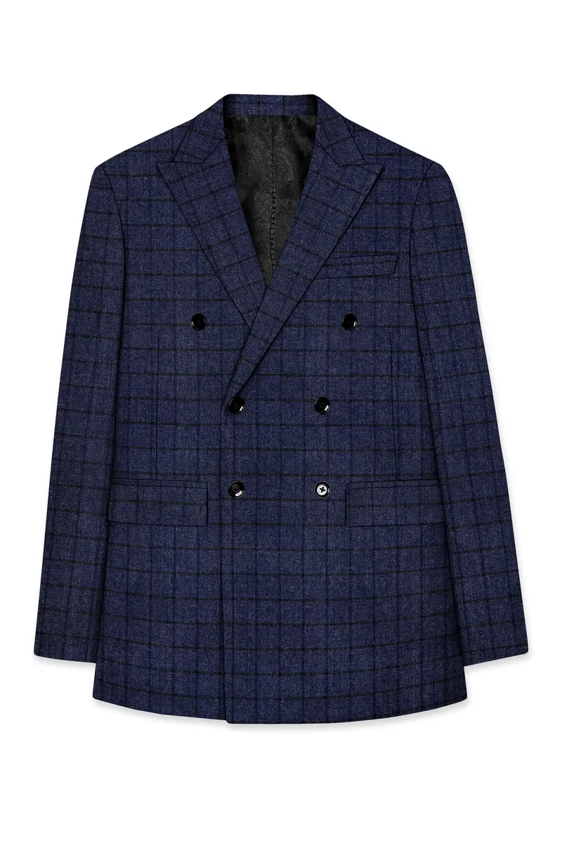 Ebony Clay Blue Windowpane Tweed Double Breasted Blazer 7