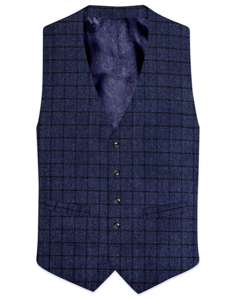Ebony Clay Blue Windowpane Tweed Waistcoat 1