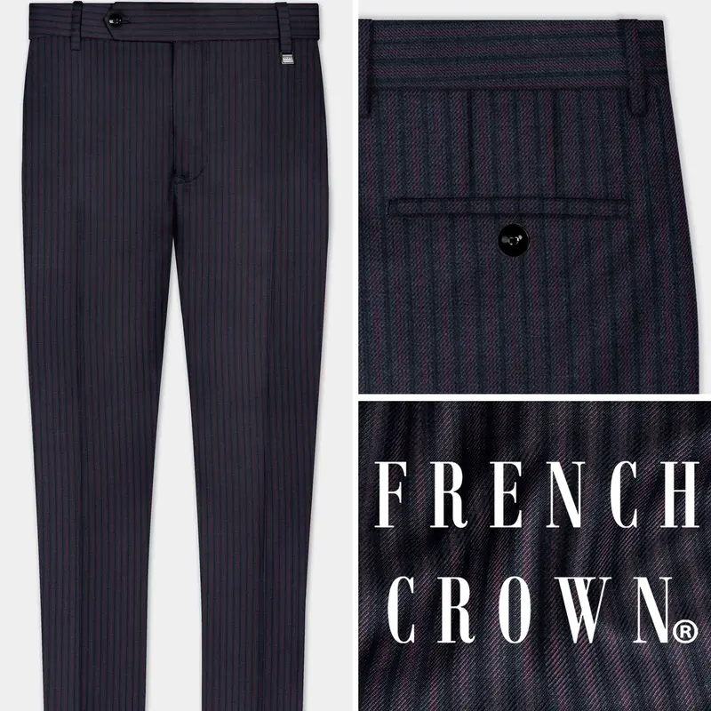 Ebony Clay Blue With Wine Berry Striped Wool Blend Pant 1