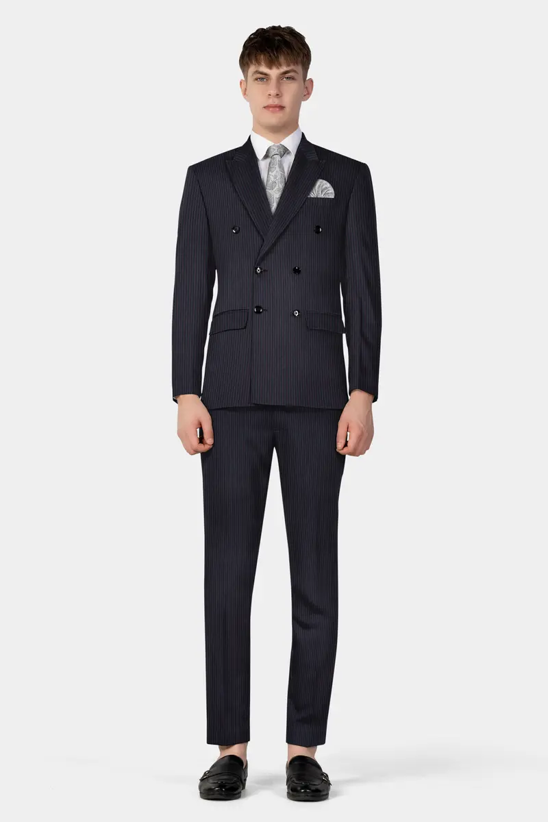 Ebony Clay Blue With Wine Berry Striped Wool Blend Pant 8