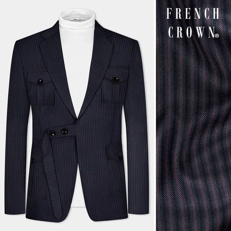Ebony Clay Blue With Wine Berry Striped Wool Blend Patch Pocket Designer Sport Blazer 1