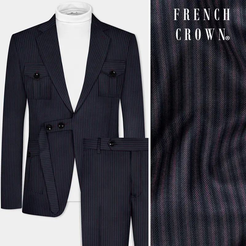 Ebony Clay Blue With Wine Berry Striped Wool Blend Patch Pocket Designer Sport Suit 1