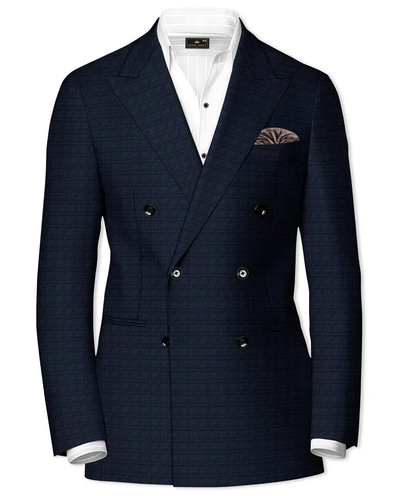 Ebony Clay Gray And Metallic Blue Plaid Double-Breasted Blazer 1