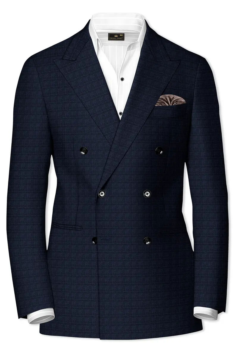 Ebony Clay Gray And Metallic Blue Plaid Double-Breasted Blazer 2