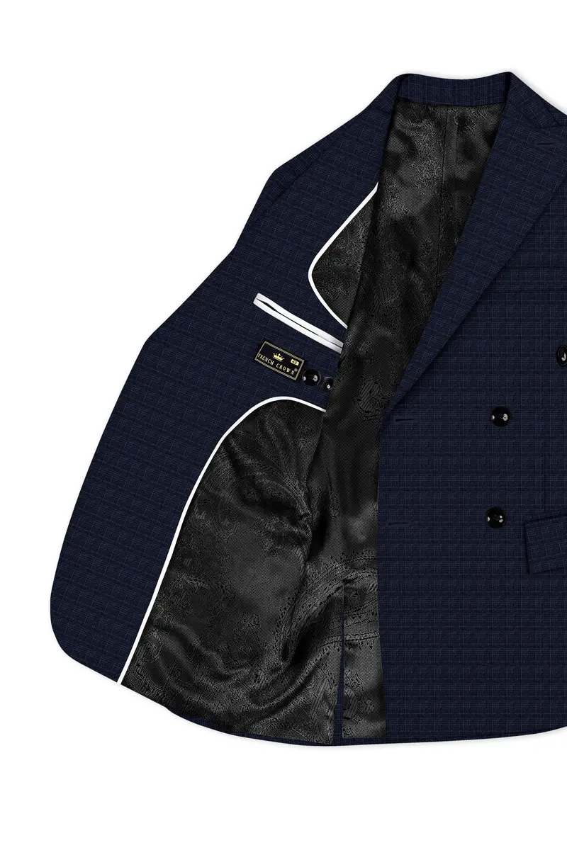 Ebony Clay Gray And Metallic Blue Plaid Double-Breasted Blazer 5