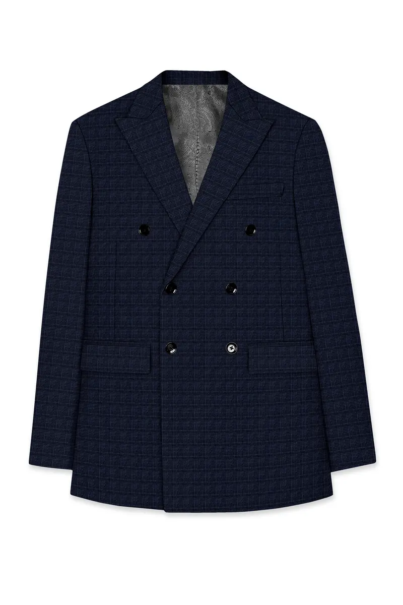 Ebony Clay Gray And Metallic Blue Plaid Double-Breasted Blazer 7