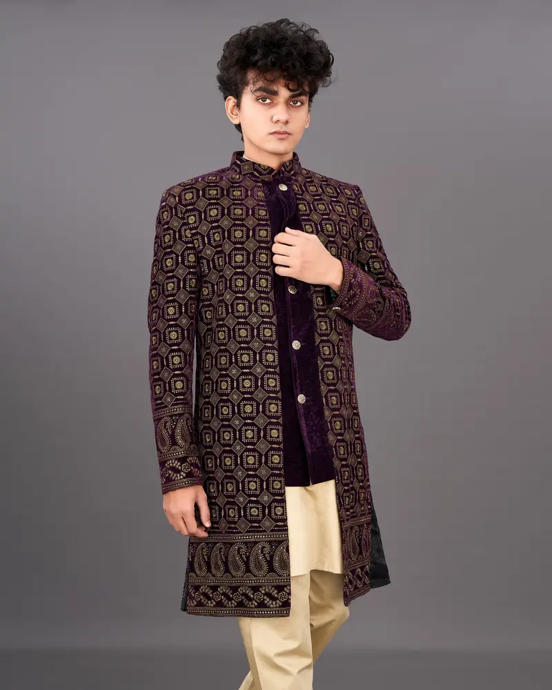 Ebony Maroon With Mocha Brown Heavyweight Embroidered Indo-Western With Kurta And Pants Set 1