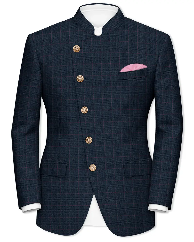 Ebony Subtle Plaid Cross Placket Bandhgala Blazer 1