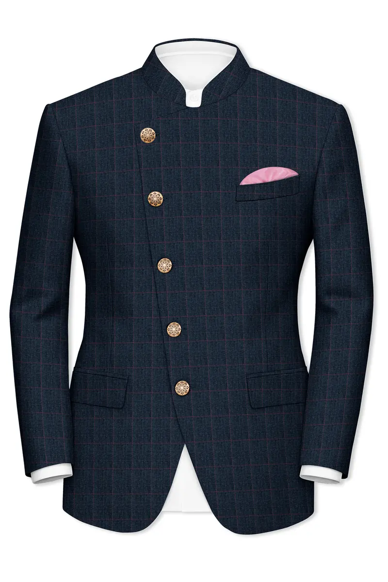 Ebony Subtle Plaid Cross Placket Bandhgala Blazer 2
