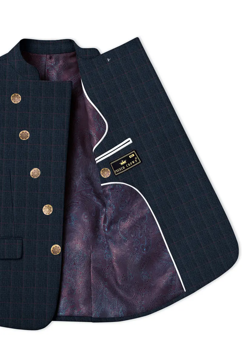 Ebony Subtle Plaid Cross Placket Bandhgala Blazer 4