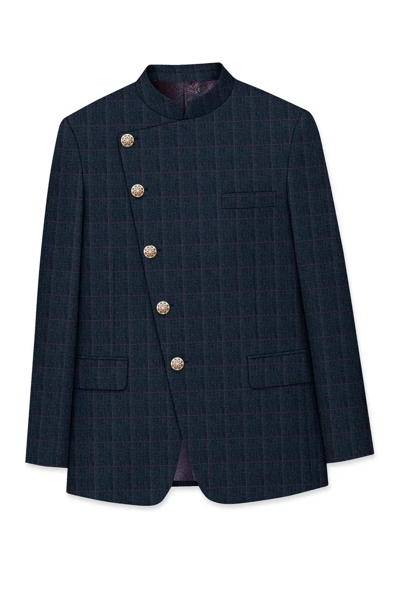 Ebony Subtle Plaid Cross Placket Bandhgala Blazer 6