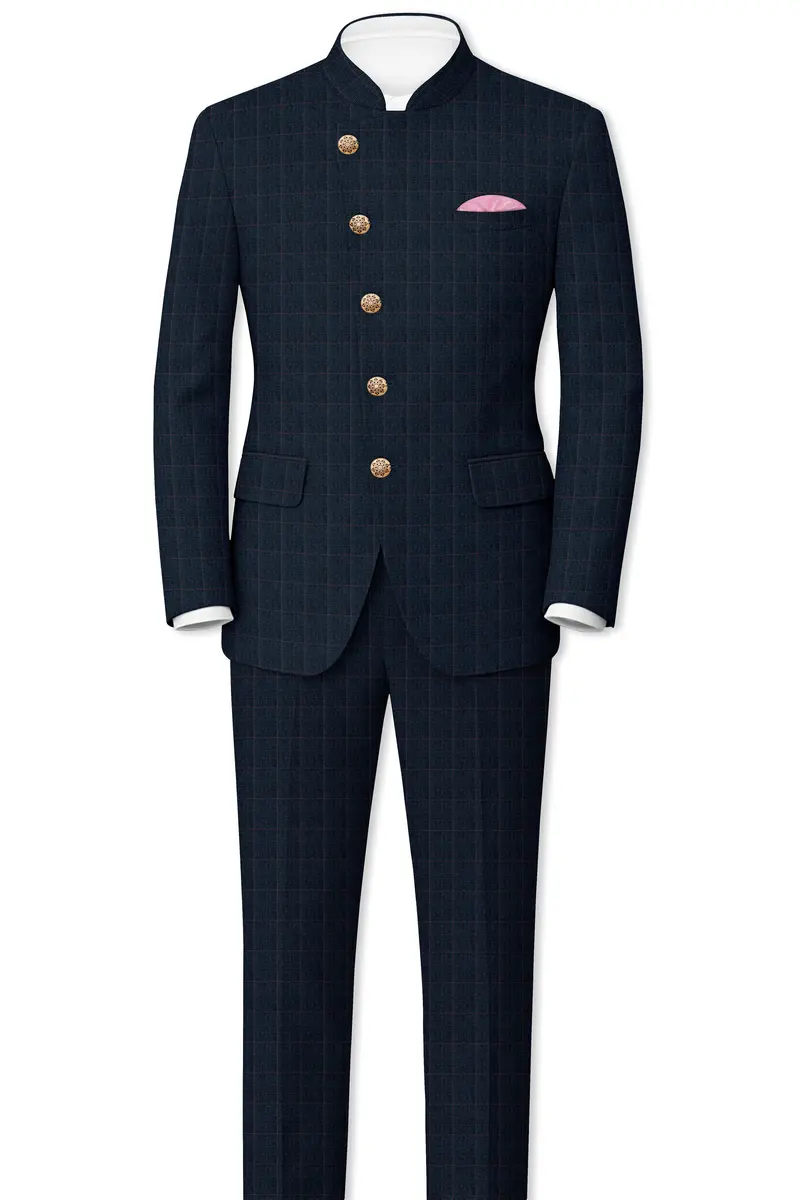 Ebony Subtle Plaid Cross Placket Bandhgala Blazer 8