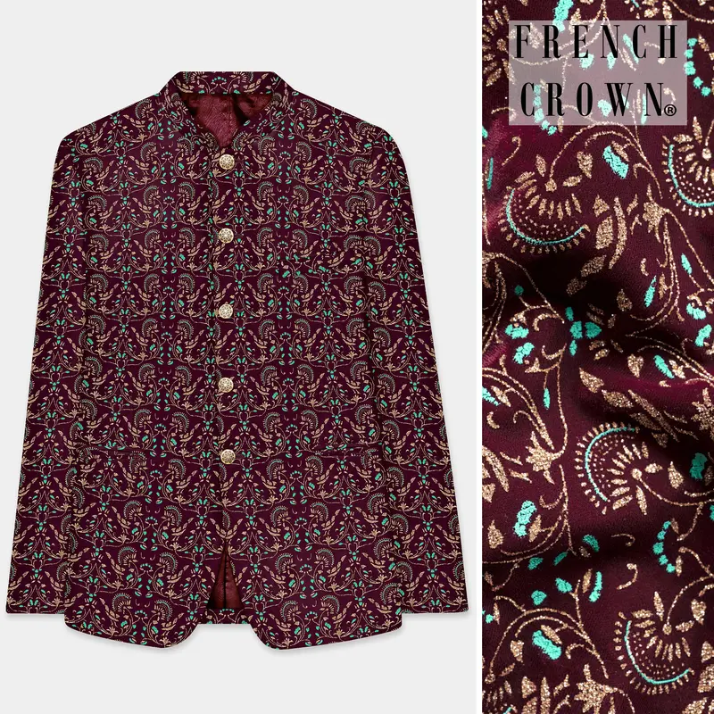 Ecilpse Maroon And Fountain Blue Velvet Printed Designer Bandhgala Jodhpuri 1