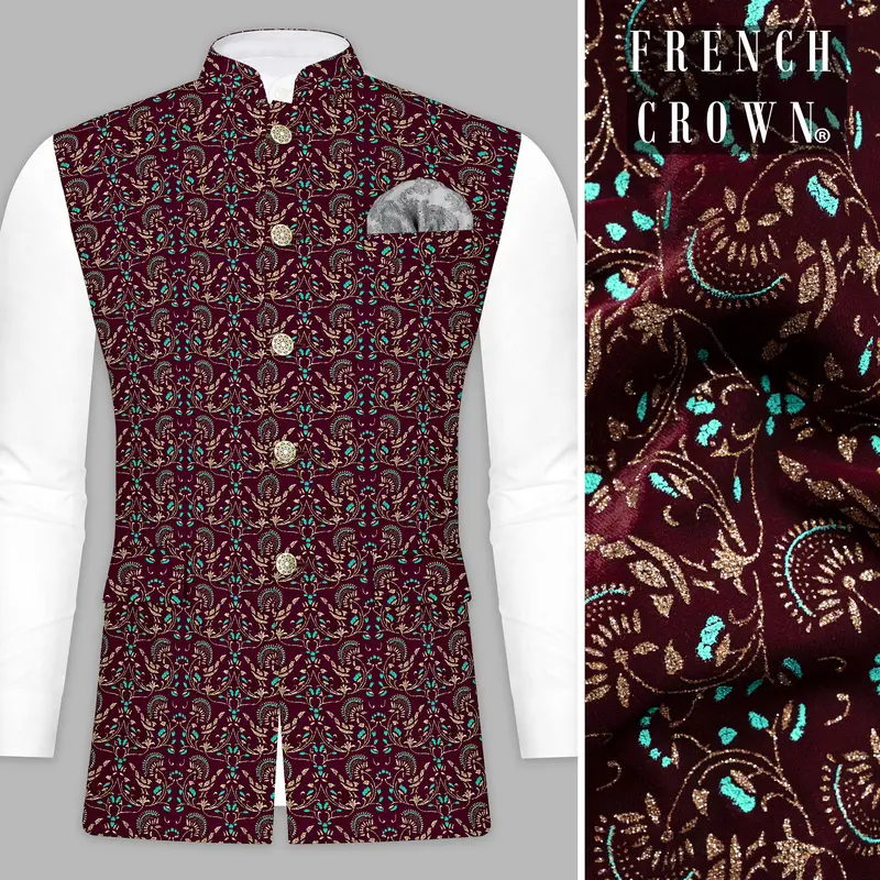 Ecilpse Maroon And Fountain Blue Velvet Printed Designer Nehru Jacket 1