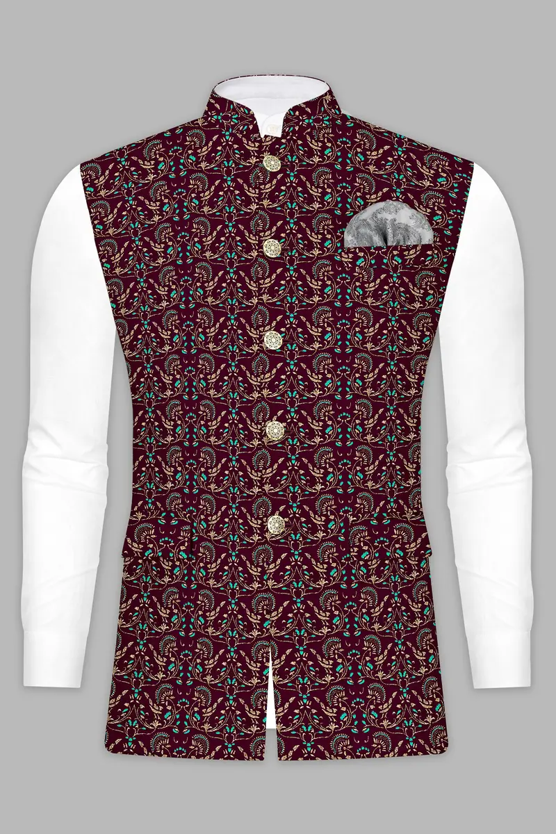 Ecilpse Maroon And Fountain Blue Velvet Printed Designer Nehru Jacket 2