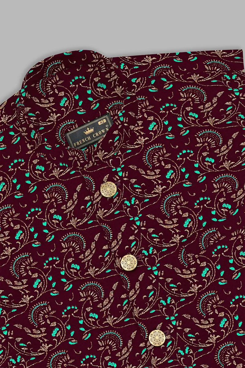 Ecilpse Maroon And Fountain Blue Velvet Printed Designer Nehru Jacket 4