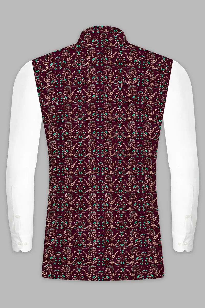 Ecilpse Maroon And Fountain Blue Velvet Printed Designer Nehru Jacket 5