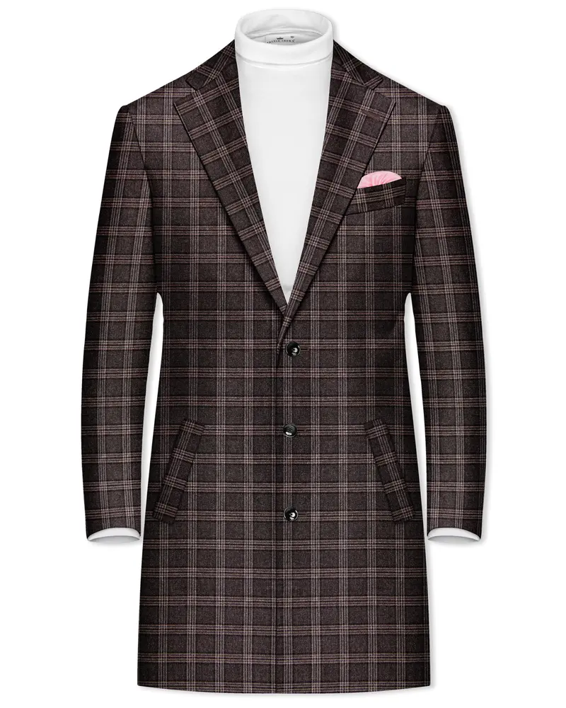Eclenzo-Eclipse Brown Plaid Tweed Single Breasted Overcoat 1