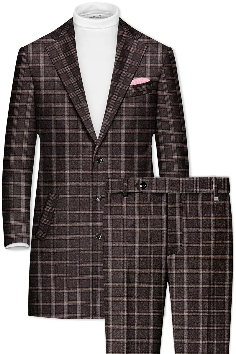 Eclenzo-Eclipse Brown Plaid Tweed Single Breasted Overcoat With Pant 2