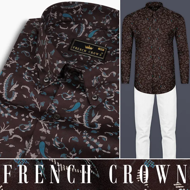 Eclipse Brown With Calypso Blue Subtle Sheen Printed Super Soft Premium Cotton Shirt 10