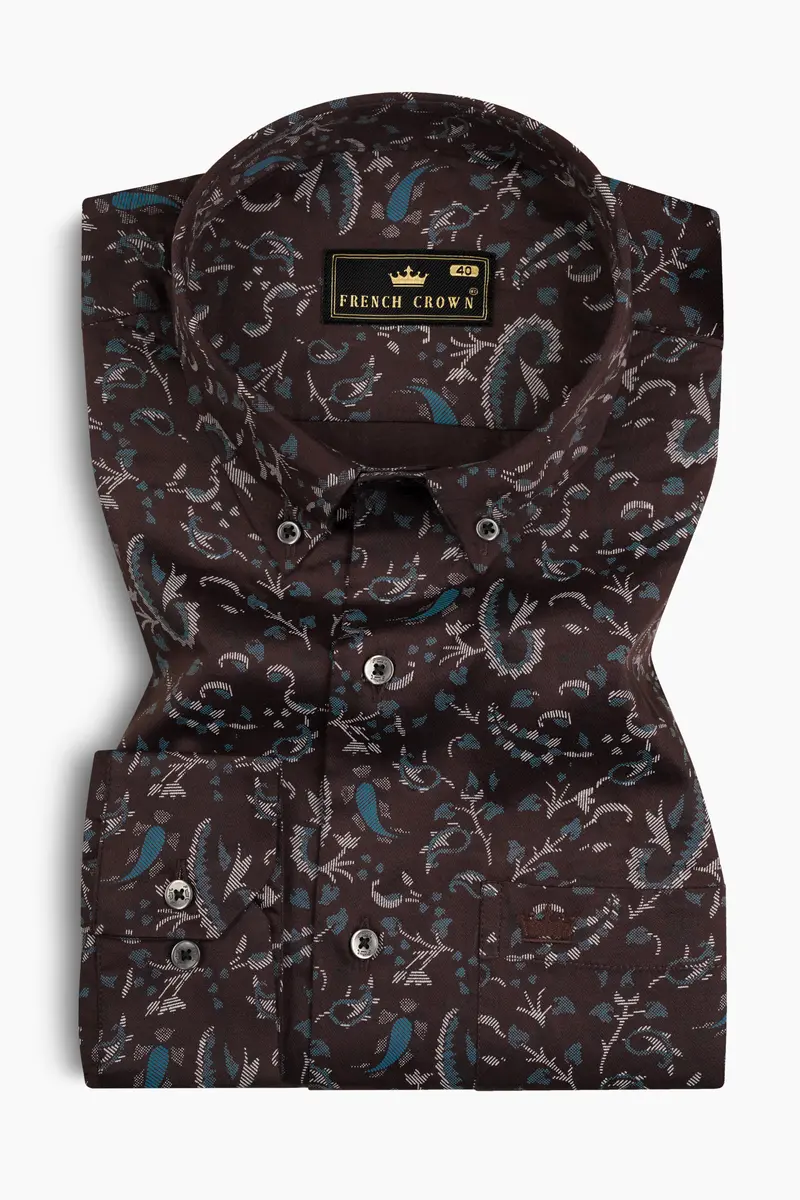 Eclipse Brown With Calypso Blue Subtle Sheen Printed Super Soft Premium Cotton Shirt 3