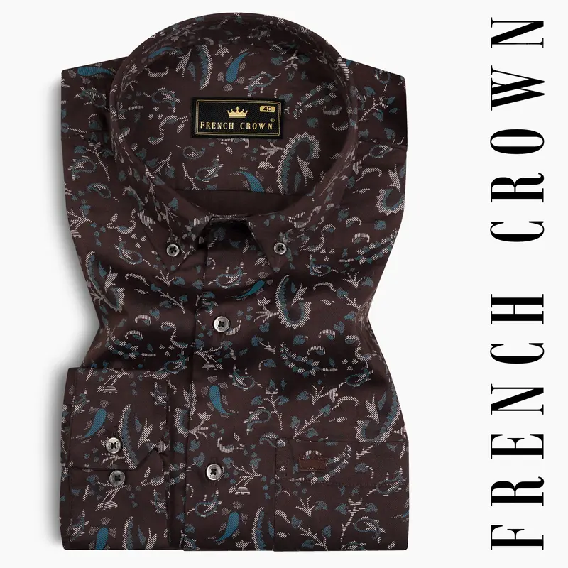 Eclipse Brown With Calypso Blue Subtle Sheen Printed Super Soft Premium Cotton Shirt 7