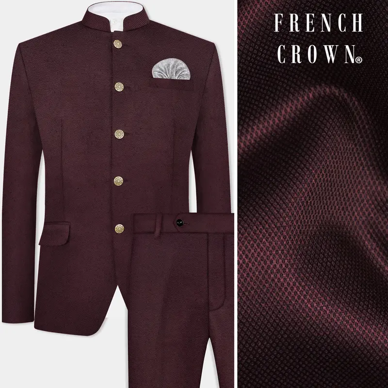 Eclipse Maroon Textured Wool Rich Bandhgala Suit 1