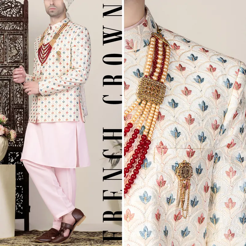 Ecru Cream And Heather Blue Multicolour Thread Embroidered Jodhpuri 1