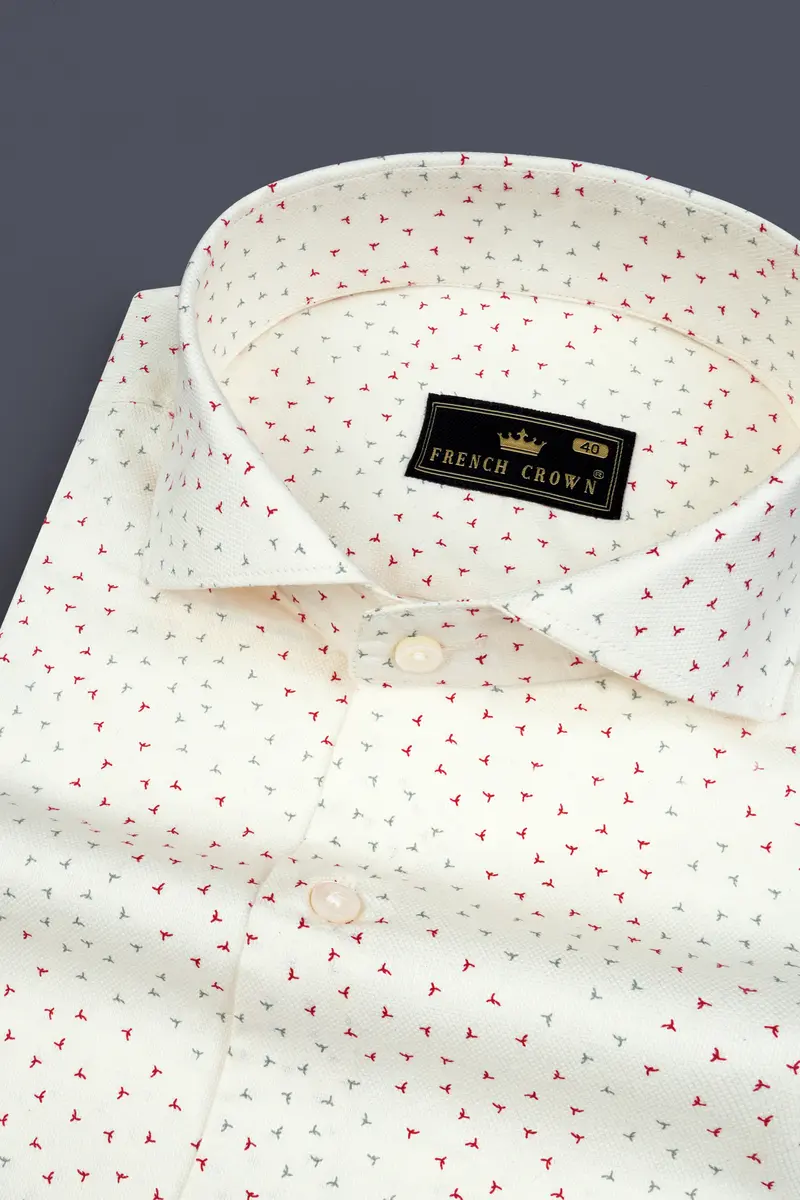 Ecru Cream Printed Dobby Textured Premium Giza Cotton Shirt 1