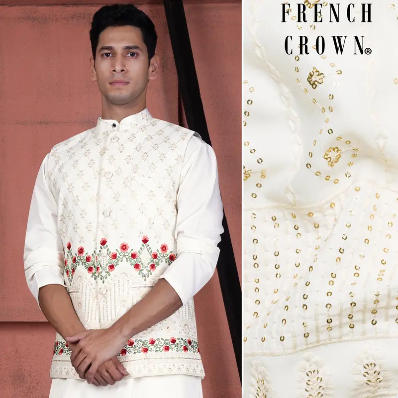 Ecru Cream Viscose Floral Embroidered With Tikki Work Designer Nehru Jacket 1