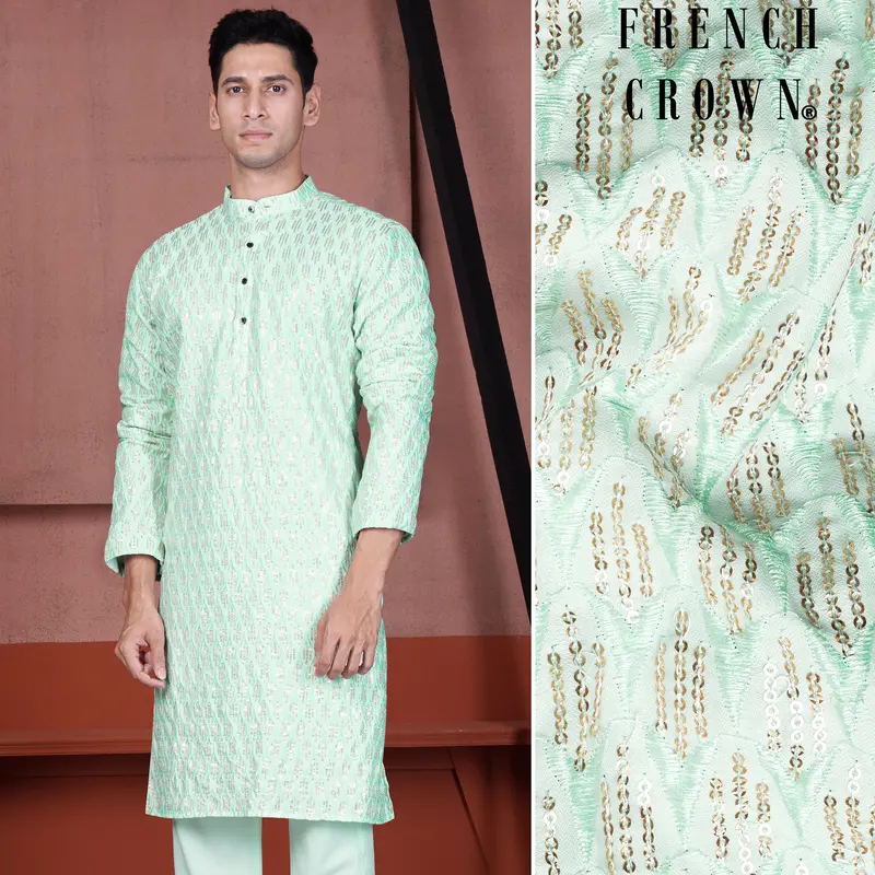 Edgewater Green Viscose Embroidered With Tikki Work Designer Kurta 1