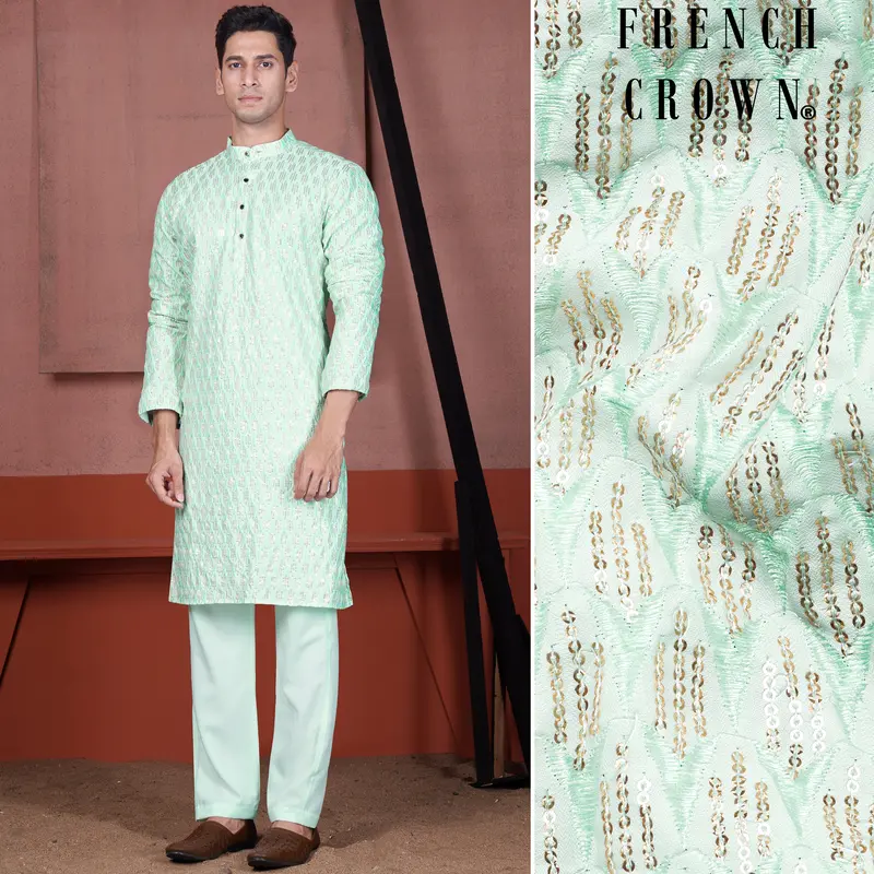 Edgewater Green Viscose Embroidered With Tikki Work Designer Kurta Set 1
