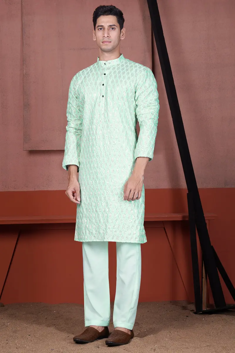 Edgewater Green Viscose Embroidered With Tikki Work Designer Kurta Set 2