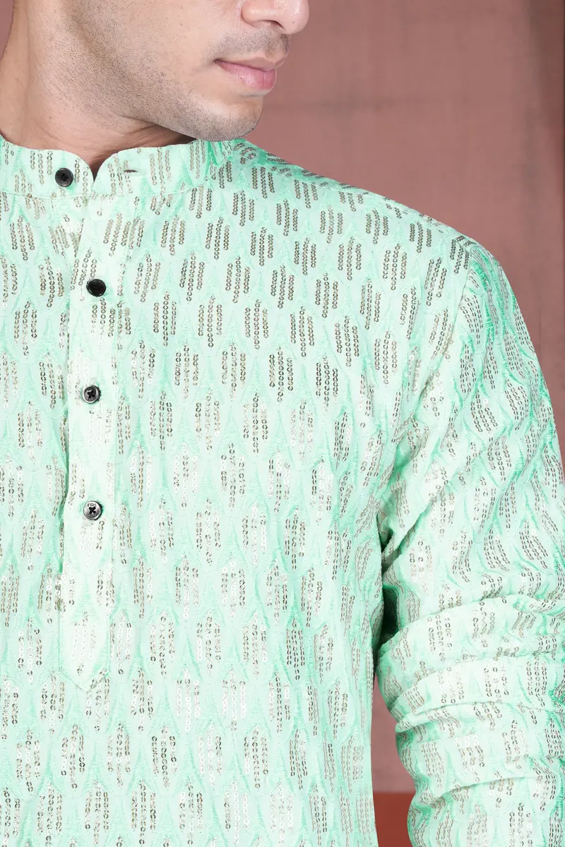 Edgewater Green Viscose Embroidered With Tikki Work Designer Kurta Set 4