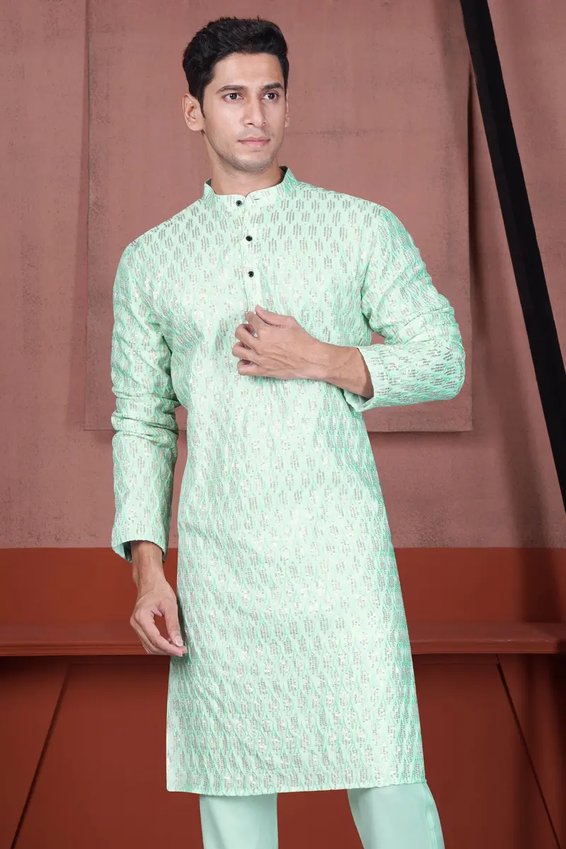Edgewater Green Viscose Embroidered With Tikki Work Designer Kurta Set 5