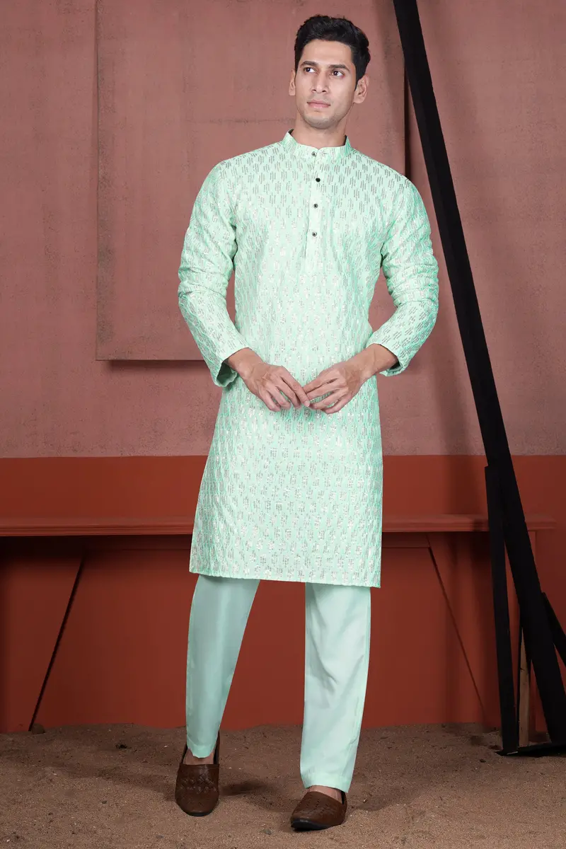Edgewater Green Viscose Embroidered With Tikki Work Designer Kurta Set 6
