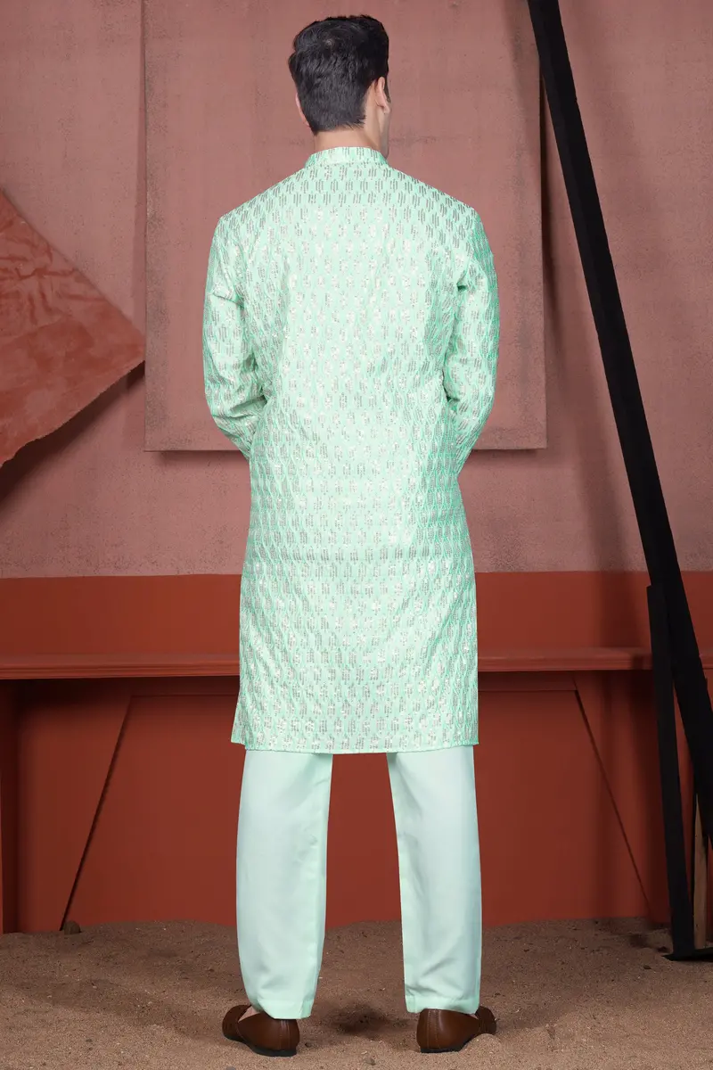 Edgewater Green Viscose Embroidered With Tikki Work Designer Kurta Set 7
