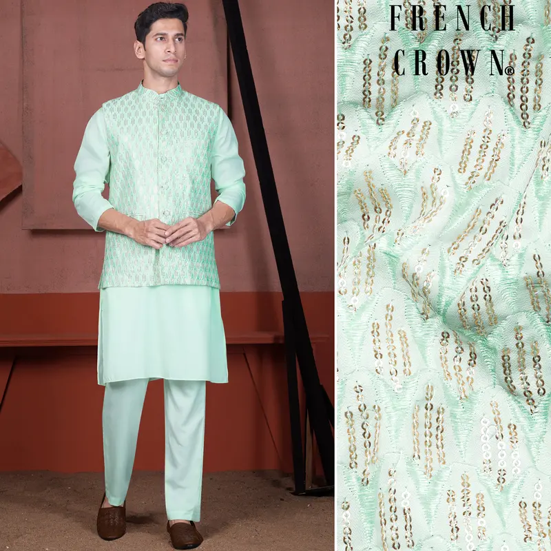 Edgewater Green Viscose Embroidered With Tikki Work Designer Kurta With Nehru Jacket 1