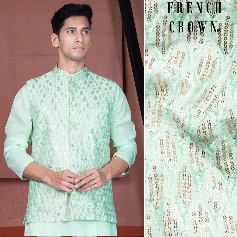 Edgewater Green Viscose Embroidered With Tikki Work Designer Nehru Jacket 1