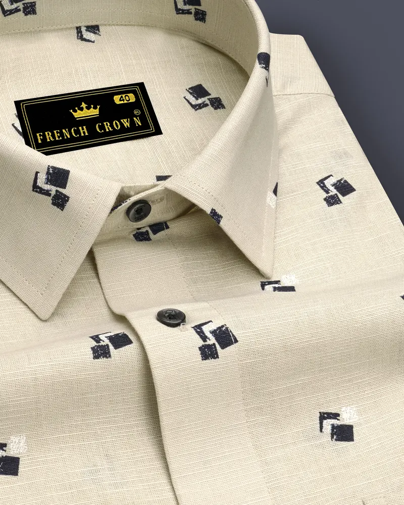 Egg Shell Cream Printed Luxurious Linen Shirt 1