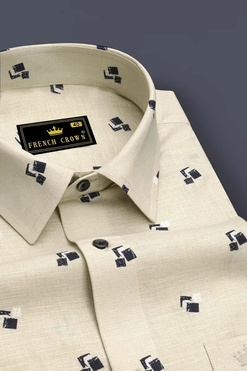 Egg Shell Cream Printed Luxurious Linen Shirt 2