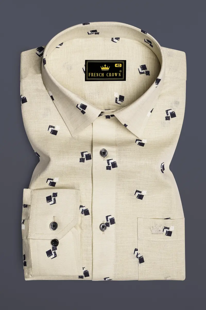 Egg Shell Cream Printed Luxurious Linen Shirt 4