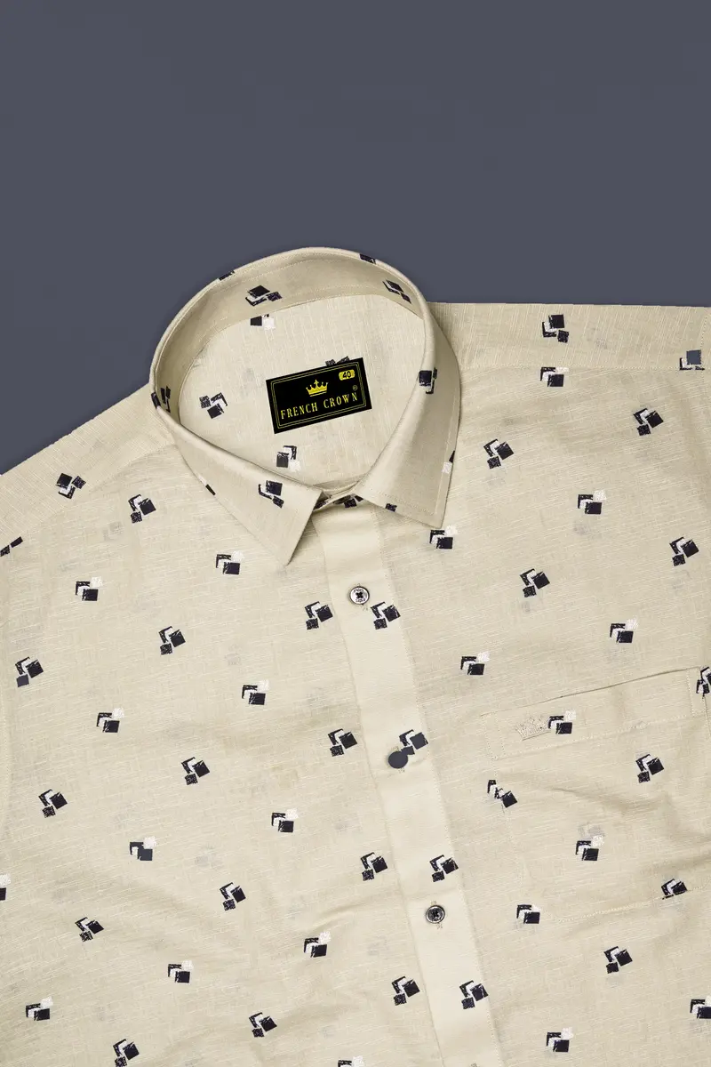 Egg Shell Cream Printed Luxurious Linen Shirt 5