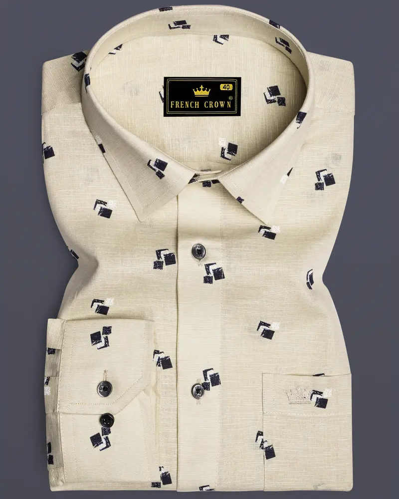 Egg Shell Cream Printed Luxurious Linen Shirt 6