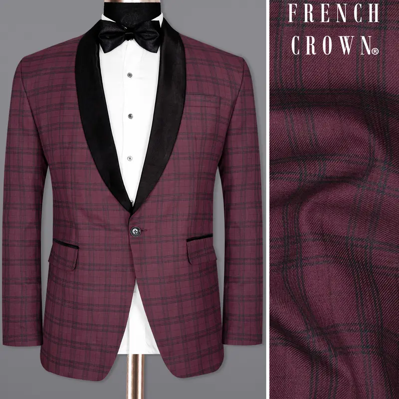 Eggplant Red Plaid Wool Rich Tuxedo Blazer 1