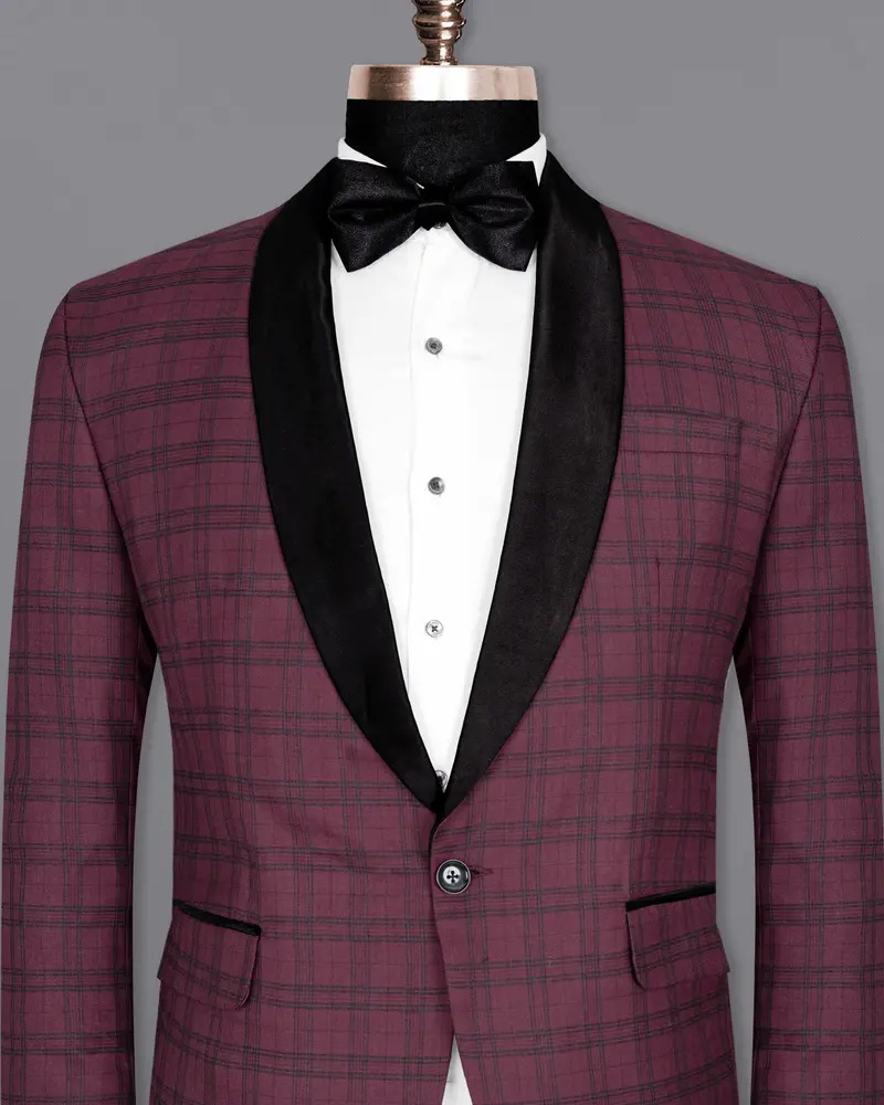 Eggplant Red Plaid Wool Rich Tuxedo Blazer 2